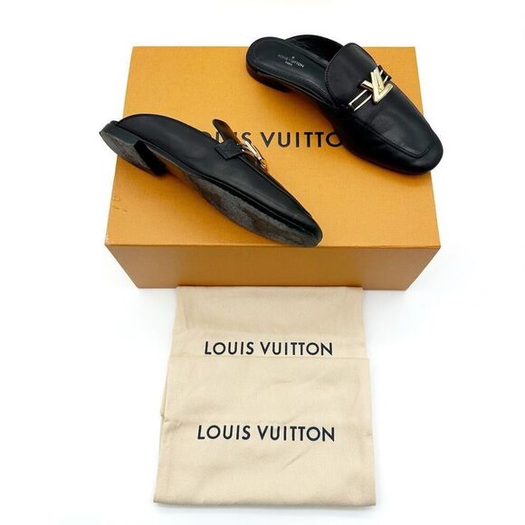 LOUIS VUITTON Upper Case Black Slide Loafers Size 38 Chain LV Logo Flat Mules - Picture 2 of 13